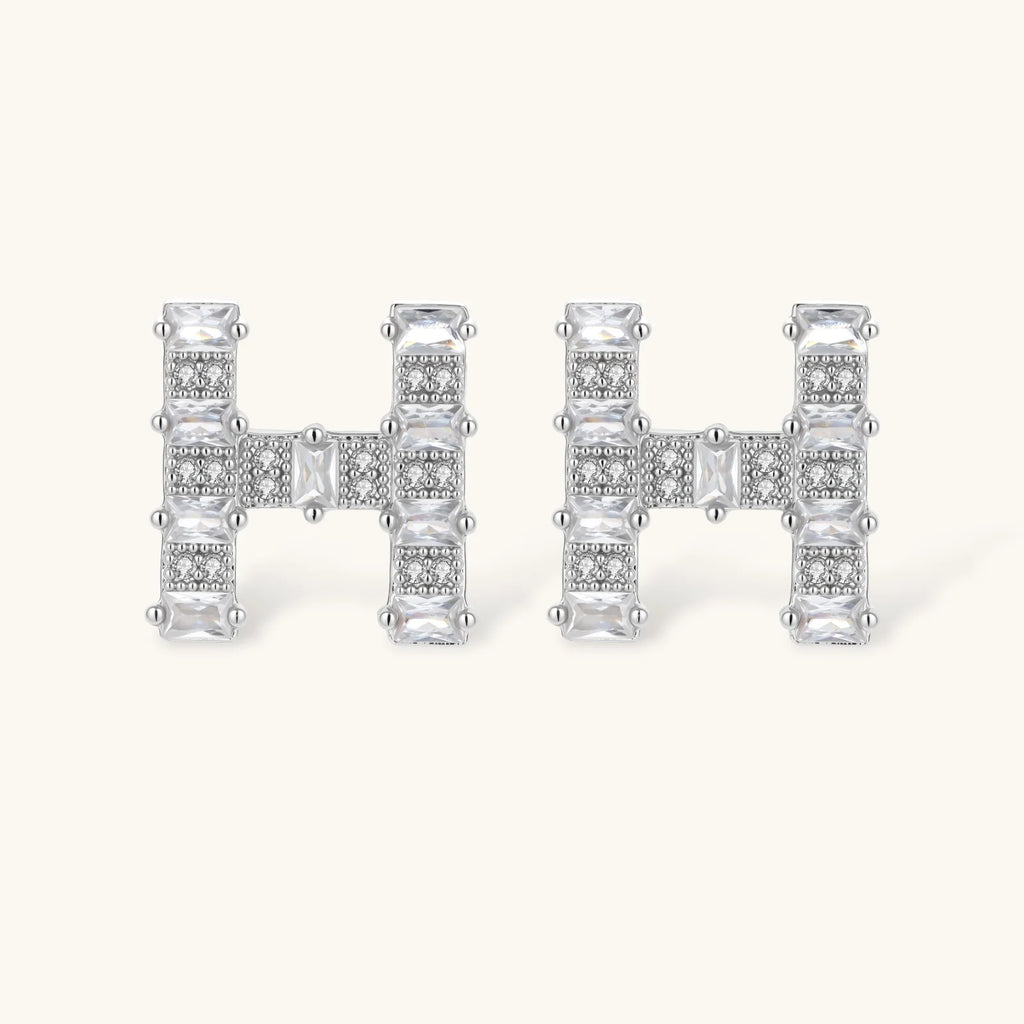 Letter H jewelry set featuring geometric crystal design in gold and white gold plated finish with adjustable chain necklace
