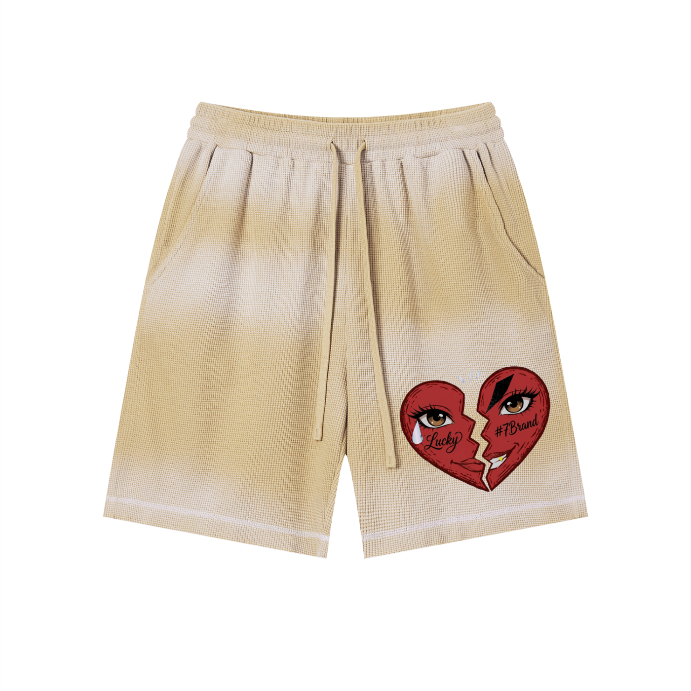 #7Brand Dual-Heart Unisex Sunfade Waffle Raw Hem Shorts