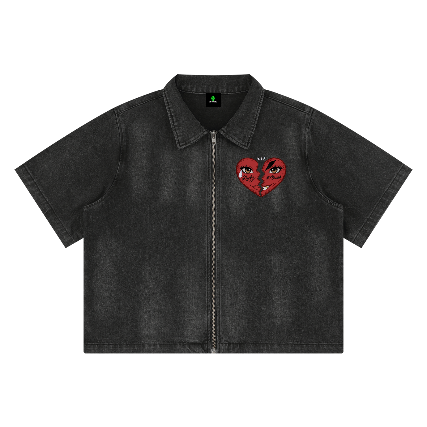 #7Brand Dual-Heart Unisex Vintage Washed Full-Zip Denim Shirt