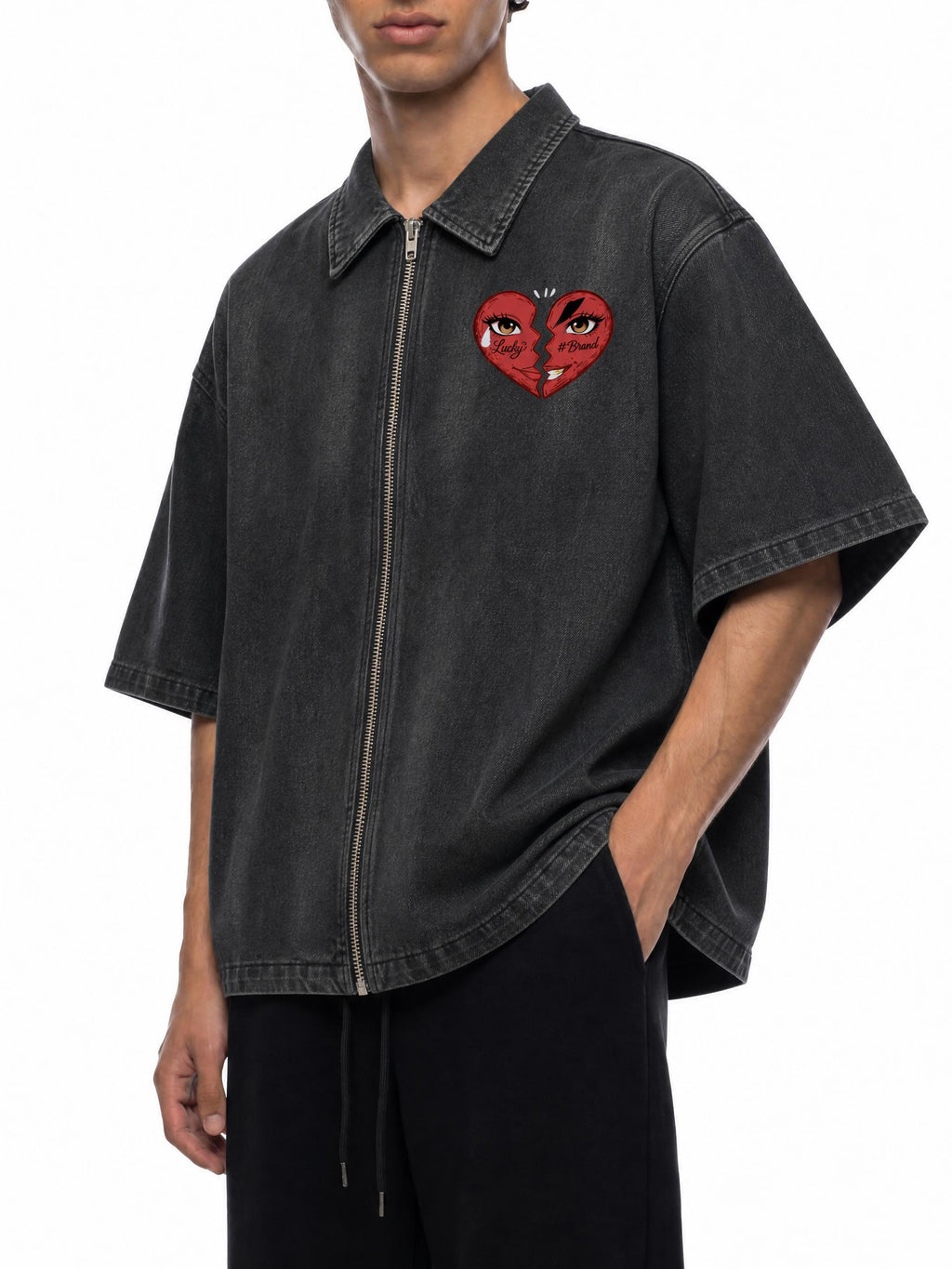 #7Brand Dual-Heart Unisex Vintage Washed Full-Zip Denim Shirt