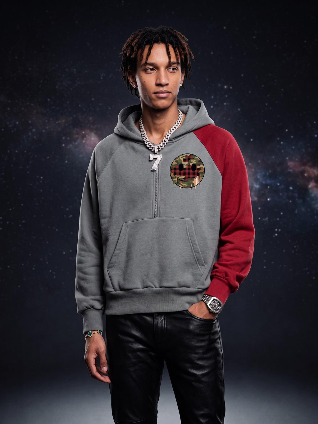 #7Brand "Claid Smirkley" Unisex Color-Block Fleece Hoodie