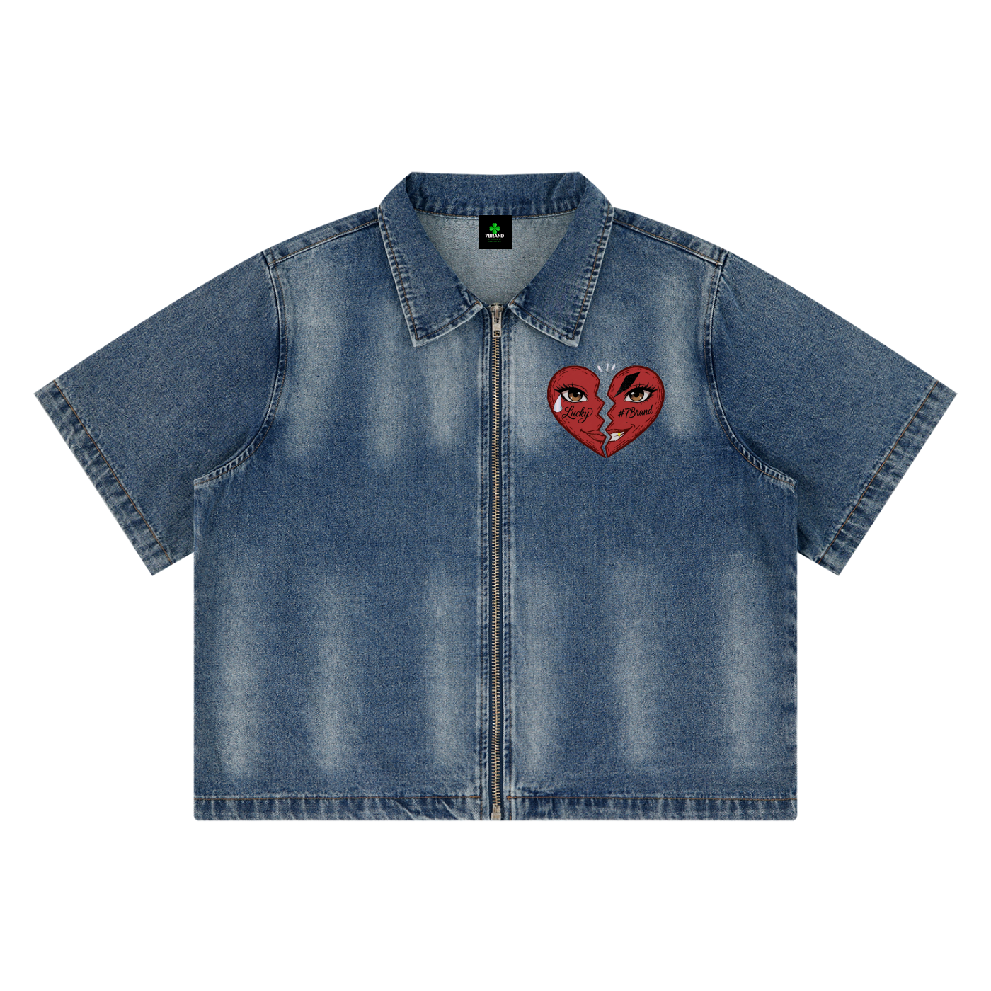 #7Brand Dual-Heart Unisex Vintage Washed Full-Zip Denim Shirt