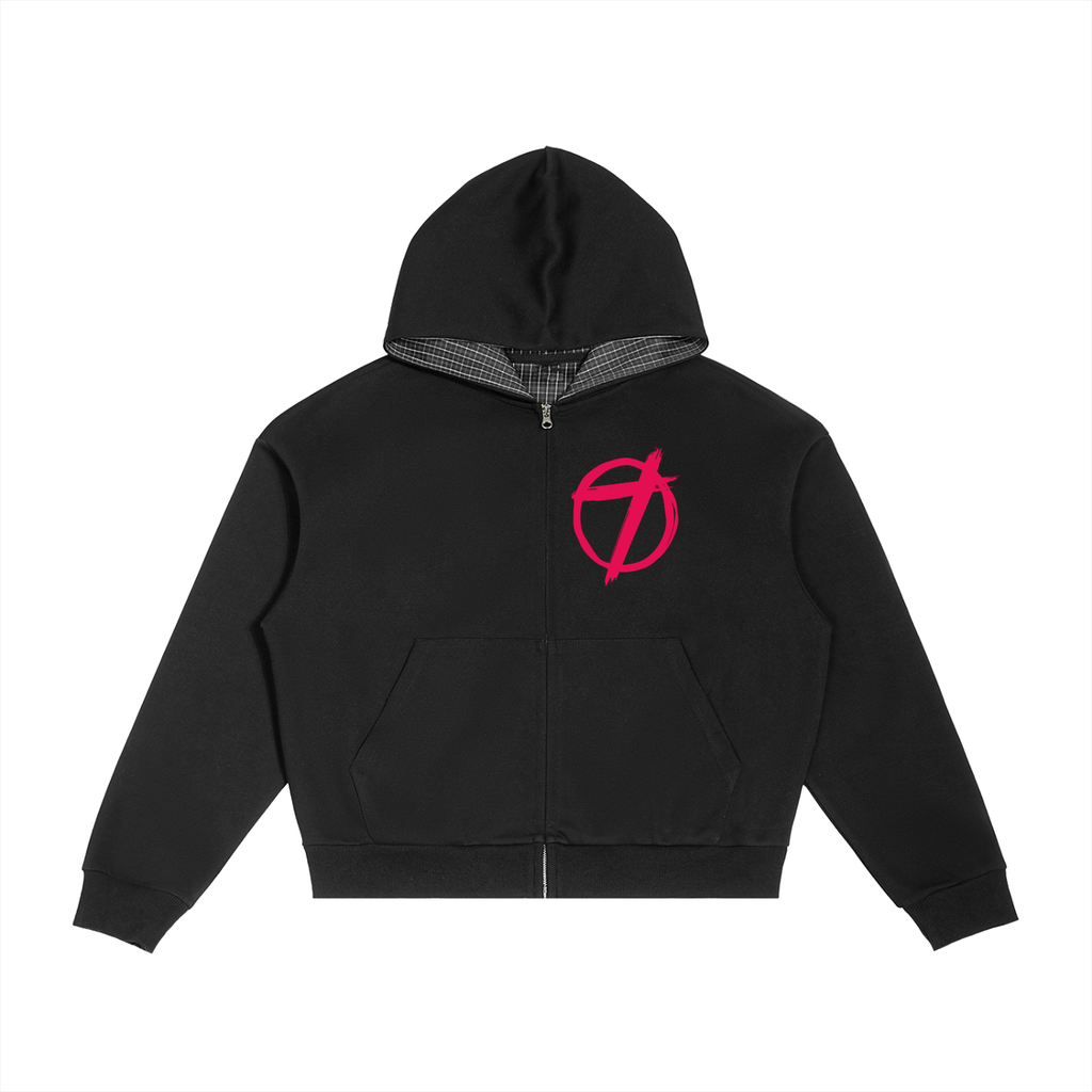 Contrast Plaid Boxy Zip Hoodie