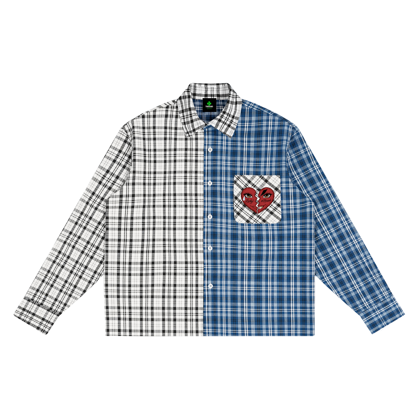 #7Brand Dual-Heart Unisex Oversized Plaid Color Block Shirt