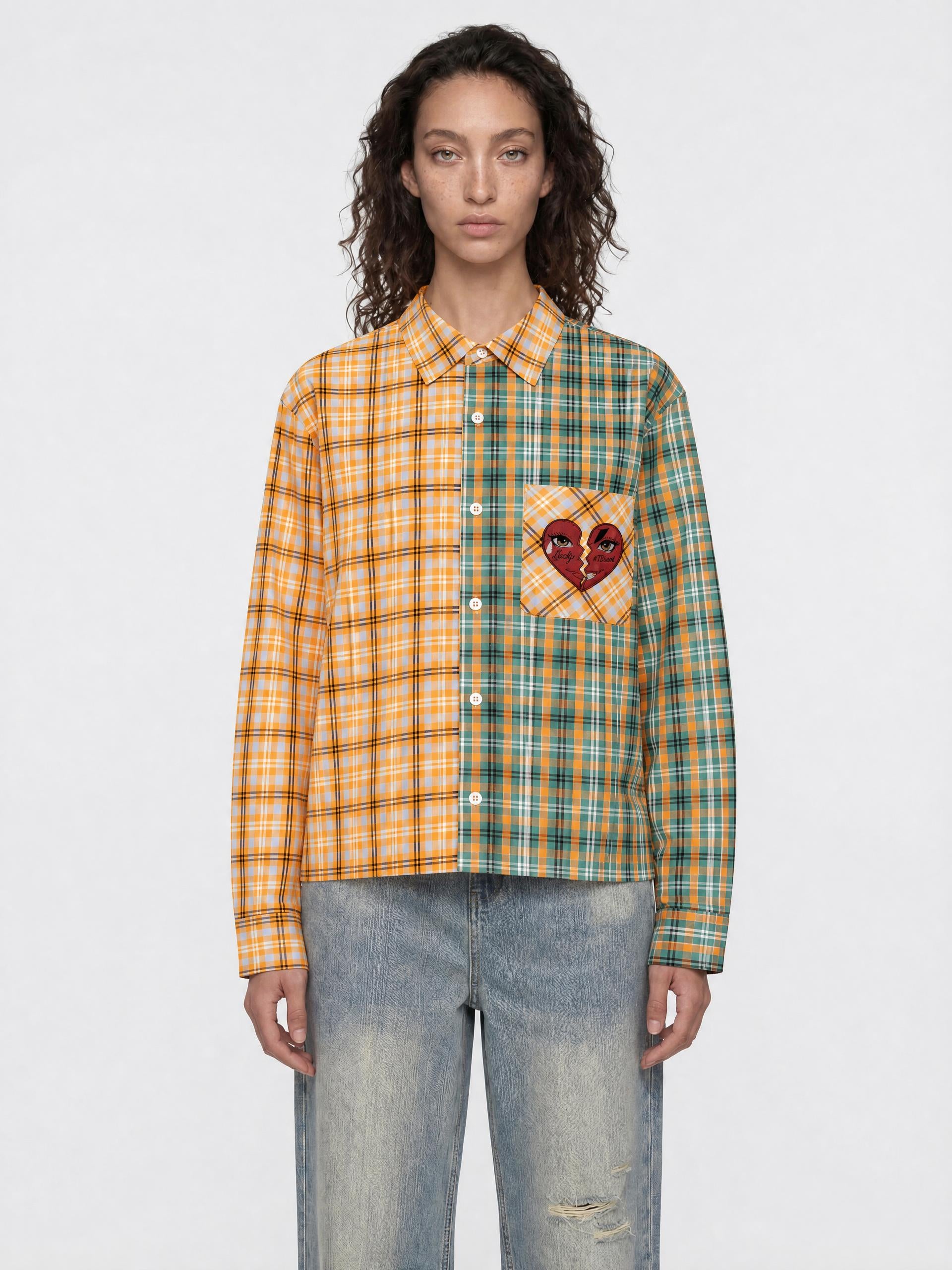 #7Brand Dual-Heart Unisex Oversized Plaid Color Block Shirt