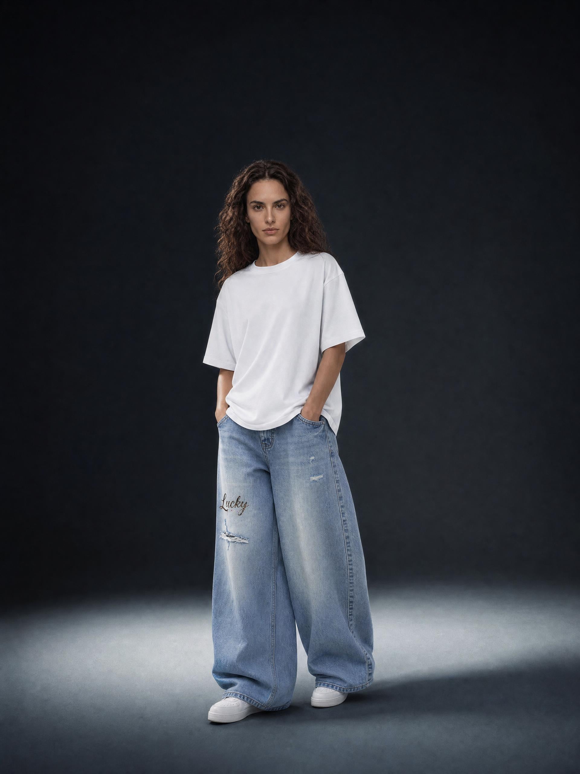 #7Brand Women's Vintage Wash Distressed Wide Leg Jeans